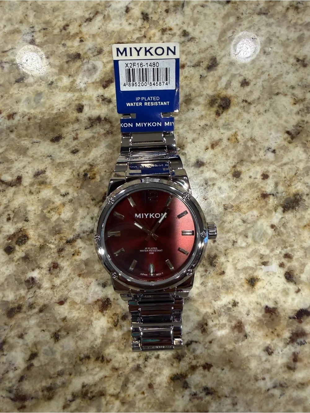 Miykon Men's Silver Stainless Steel Quartz Watch - Water-Resistant, Red Dial